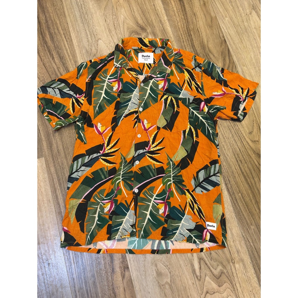 Duvin Design Co Mens Orange Tropical Floral Rayon Short Sleeve Button Up Shirt M